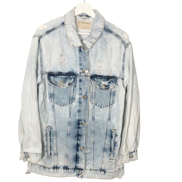 Free People Medium Destroyed Long and Lean Trucker Jacket Oversize OB1305529 - Picture 4 of 12